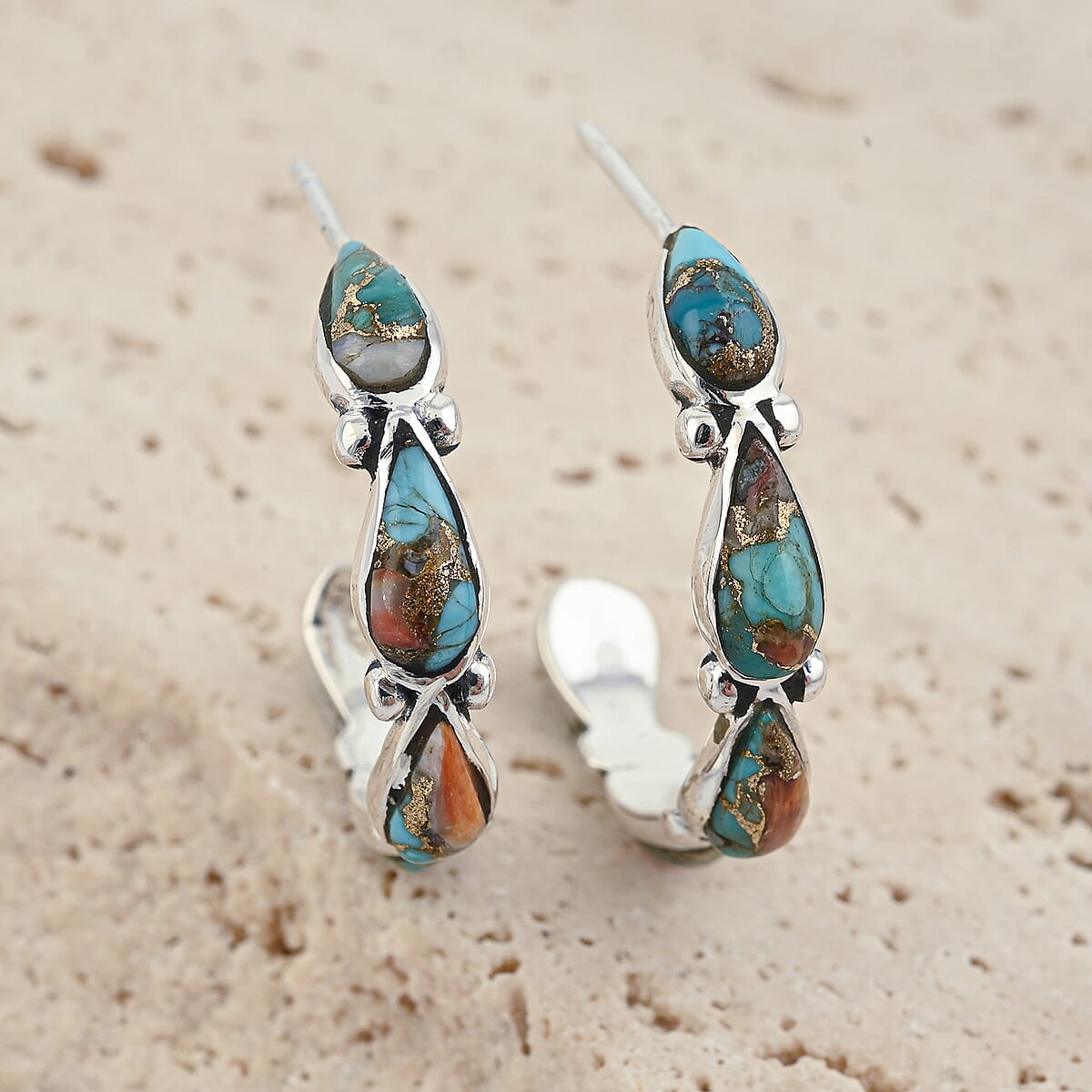 Santa Fe Style Spiny Turquoise  6 ctw Earrings in Sterling Silver image number 1