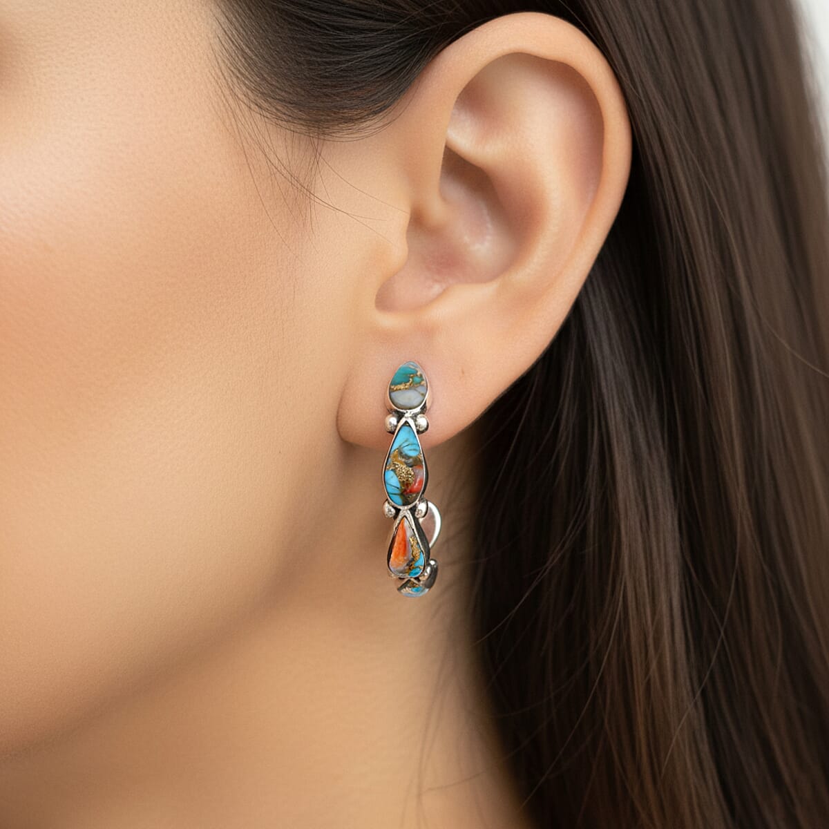 Santa Fe Style Spiny Turquoise  6 ctw Earrings in Sterling Silver image number 2