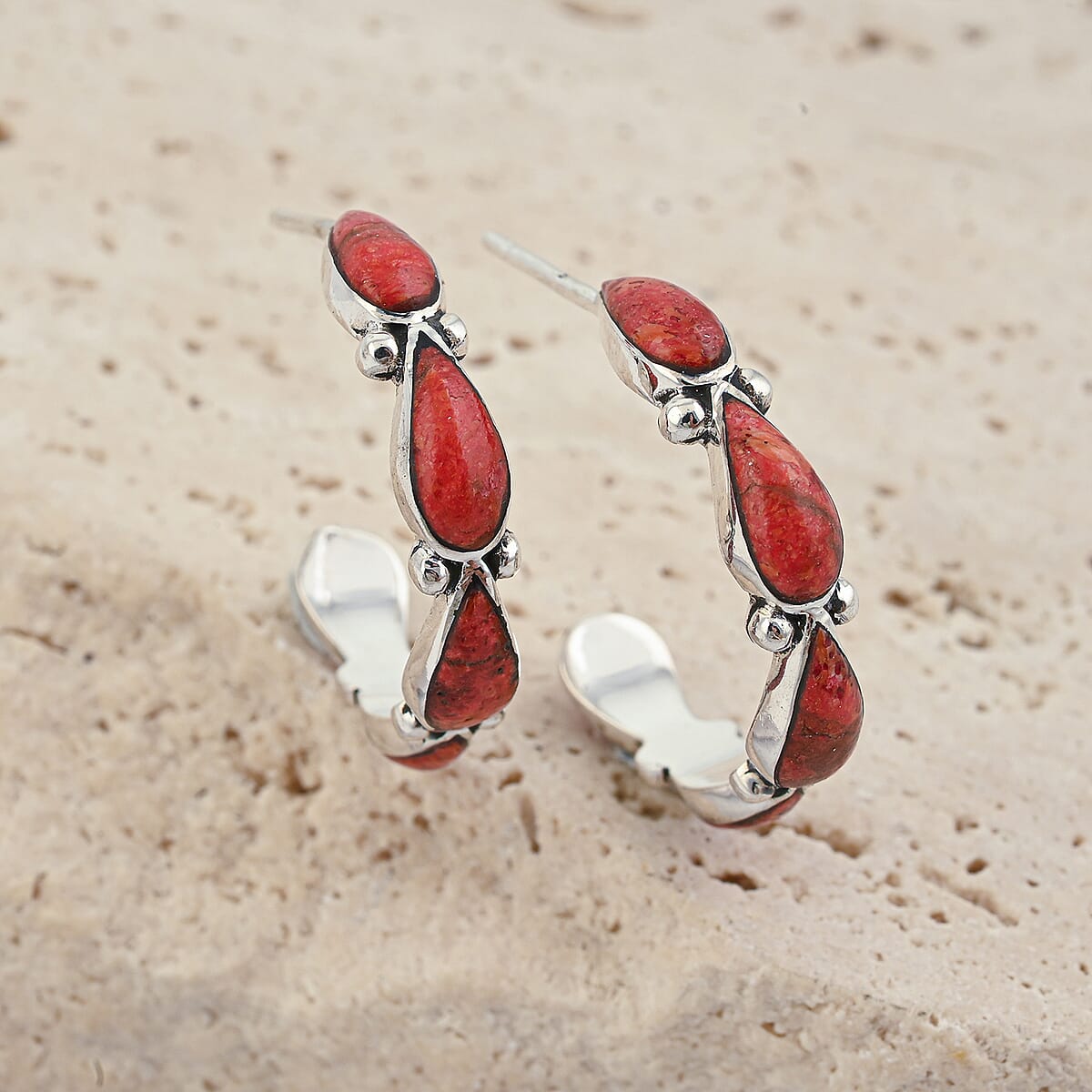 Santa Fe Style Red Coral Earrings in Sterling Silver image number 1