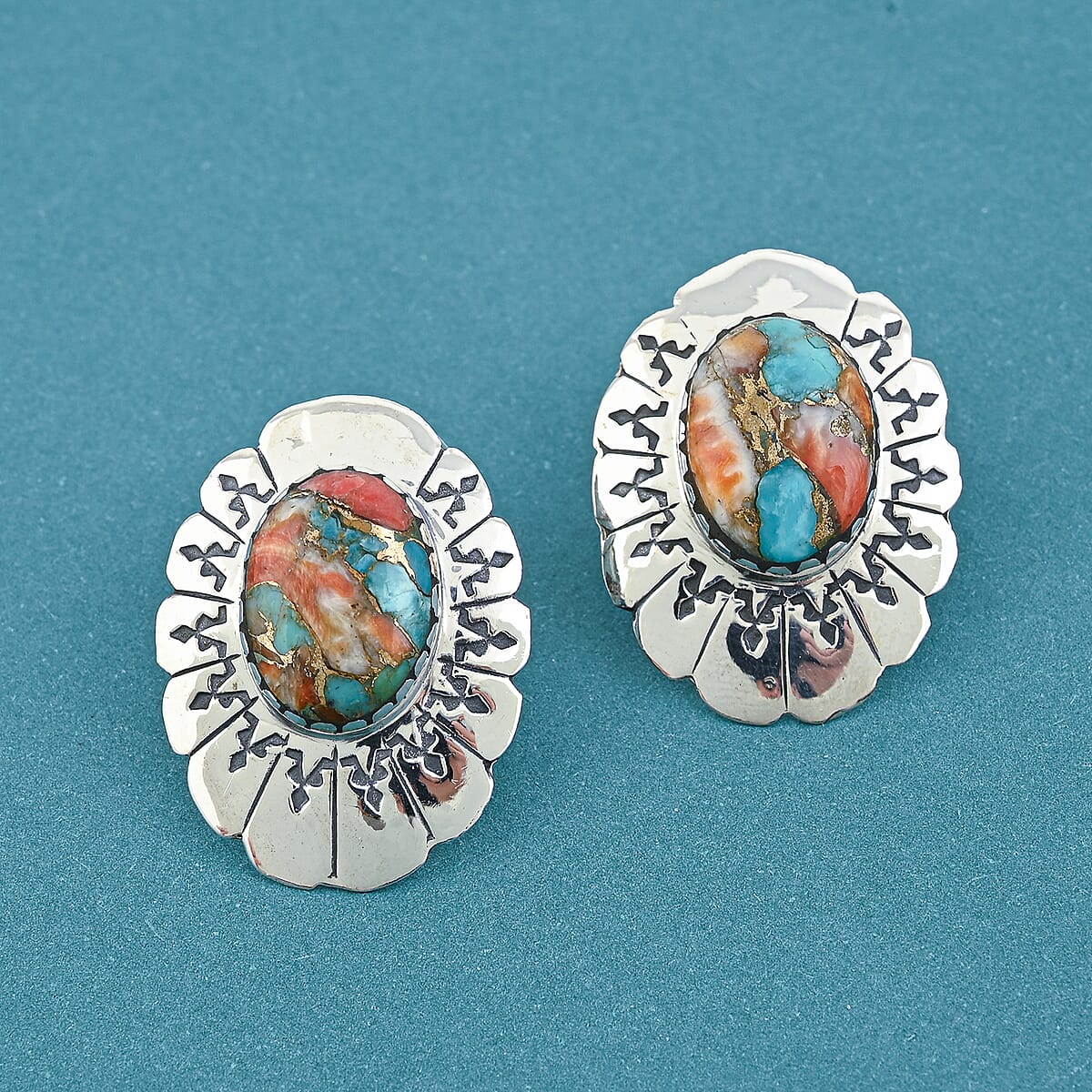 Santa Fe Style Spiny Turquoise 10.00 ctw Earrings in Sterling Silver image number 1