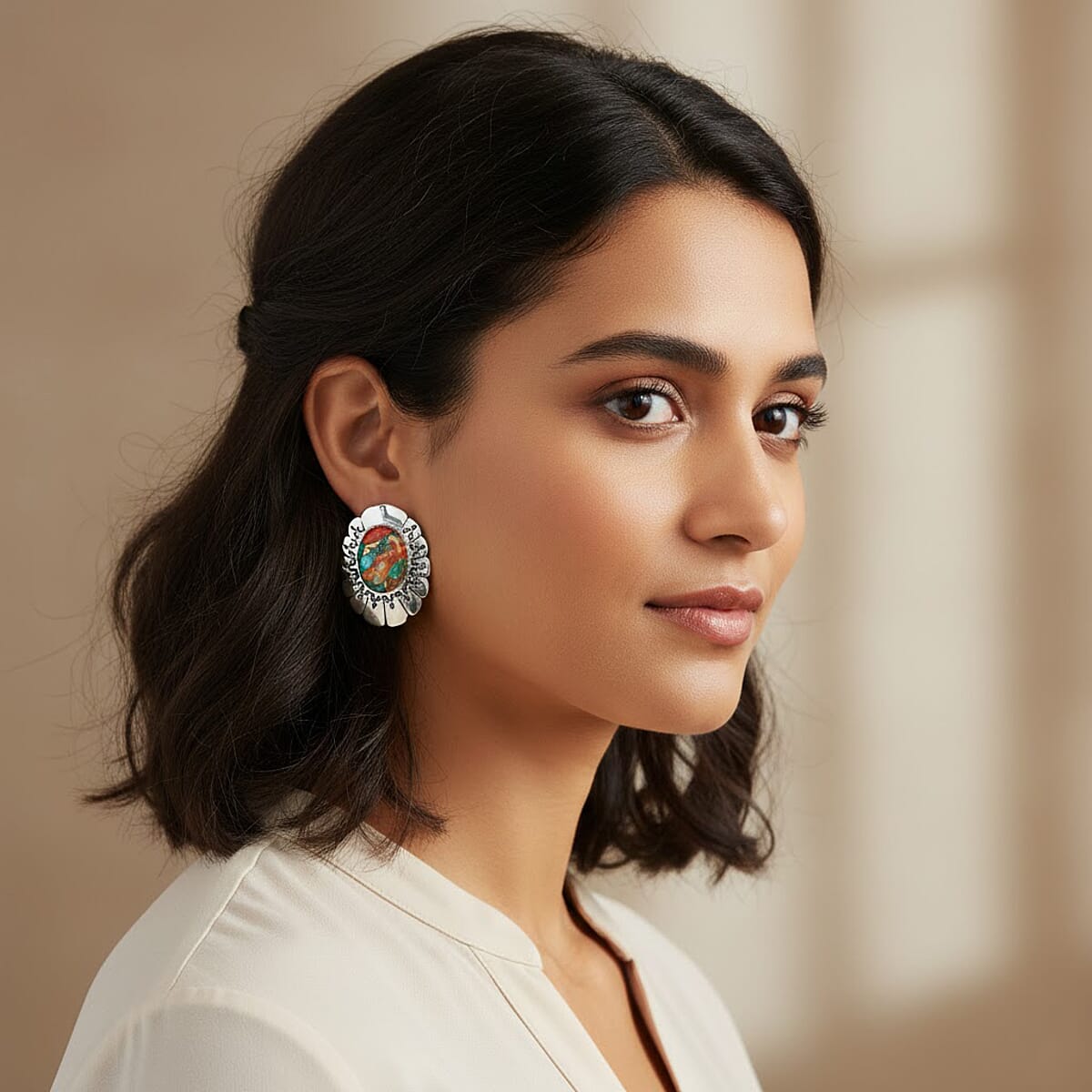 Santa Fe Style Spiny Turquoise 10.00 ctw Earrings in Sterling Silver image number 2