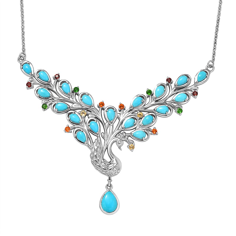 D'Joy Sleeping Beauty Turquoise and Multi Gemstone 5.30 ctw Necklace (20 Inches) in Rhodium Over Sterling Silver