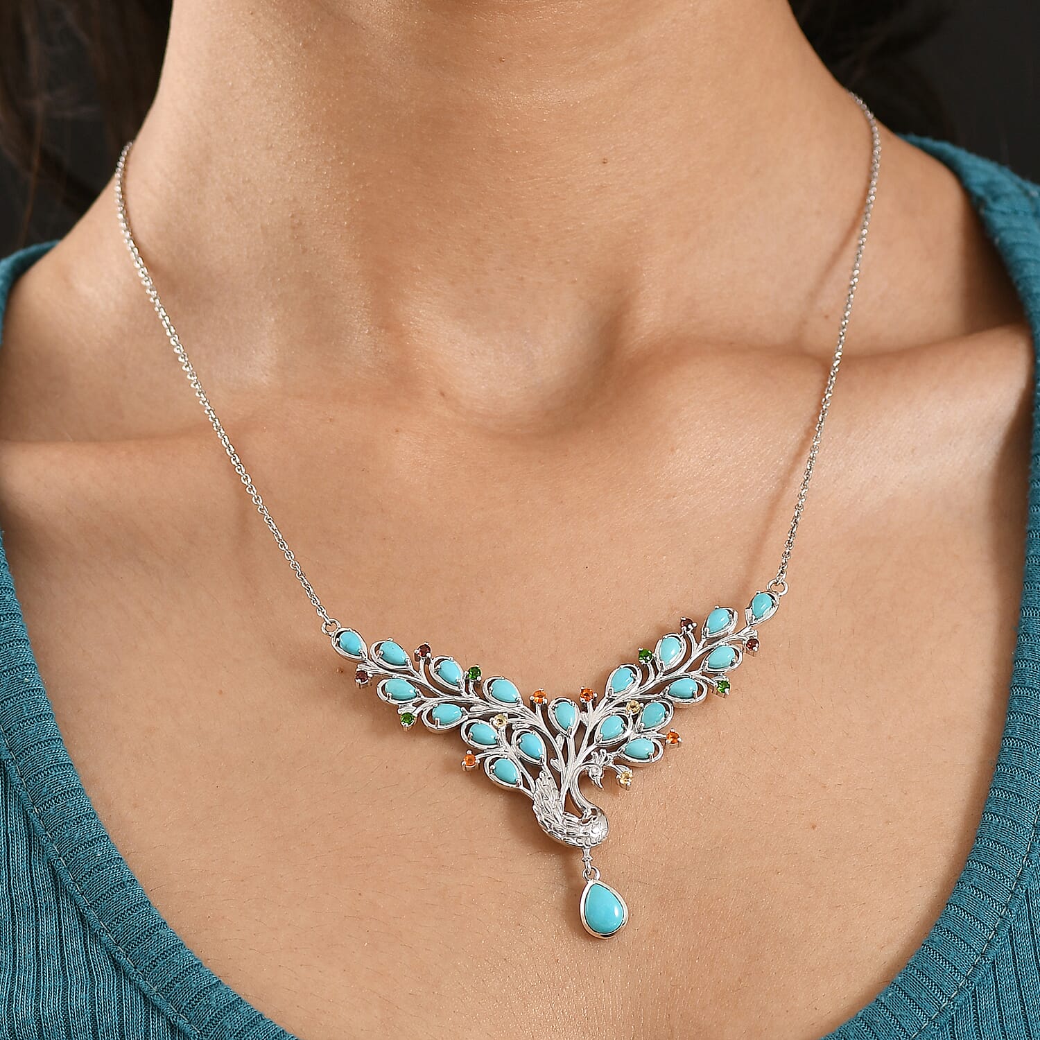 D'Joy Sleeping Beauty Turquoise and Multi Gemstone 5.30 ctw Necklace (20 Inches) in Rhodium Over Sterling Silver