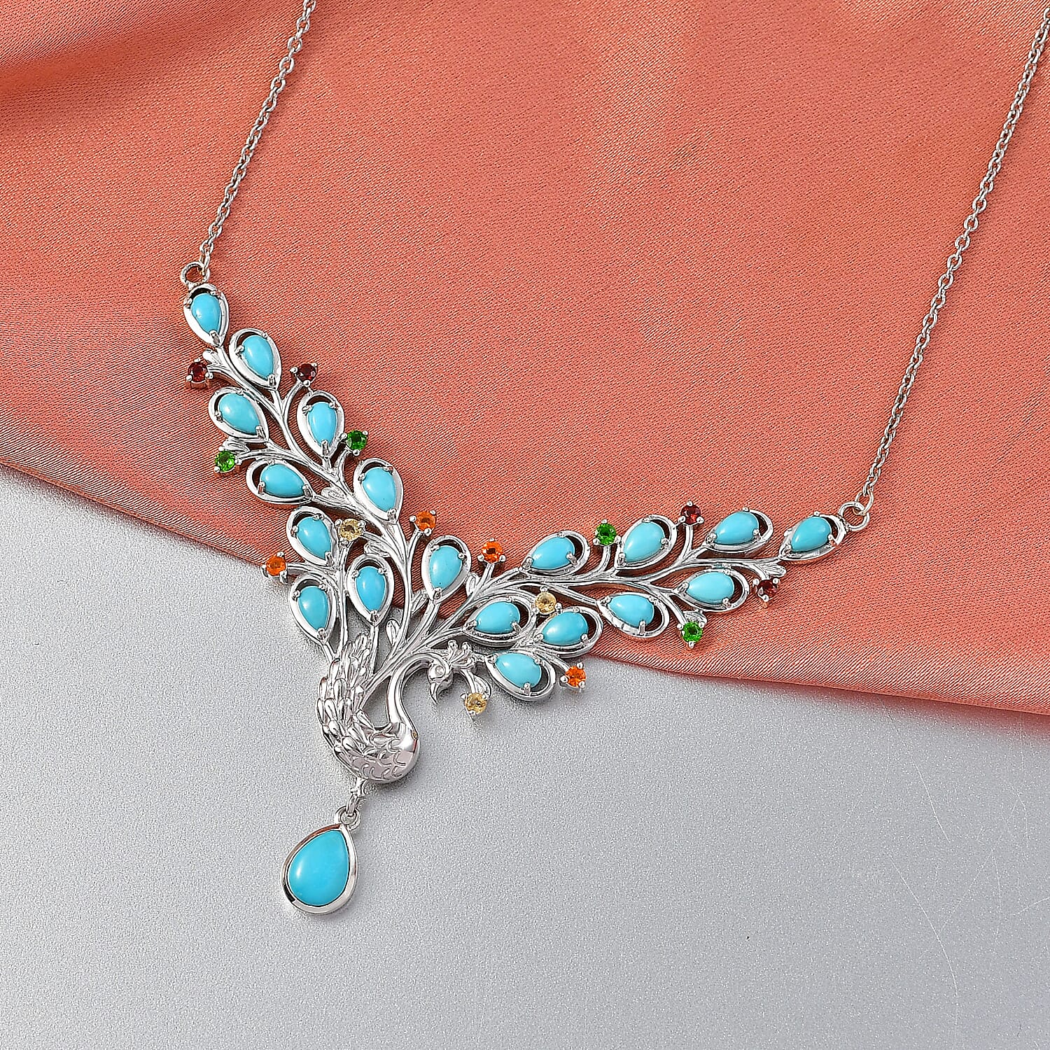 D'Joy Sleeping Beauty Turquoise and Multi Gemstone 5.30 ctw Necklace (20 Inches) in Rhodium Over Sterling Silver
