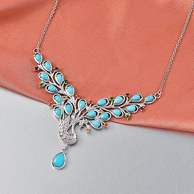 D'Joy Sleeping Beauty Turquoise and Multi Gemstone 5.30 ctw Necklace (20 Inches) in Rhodium Over Sterling Silver