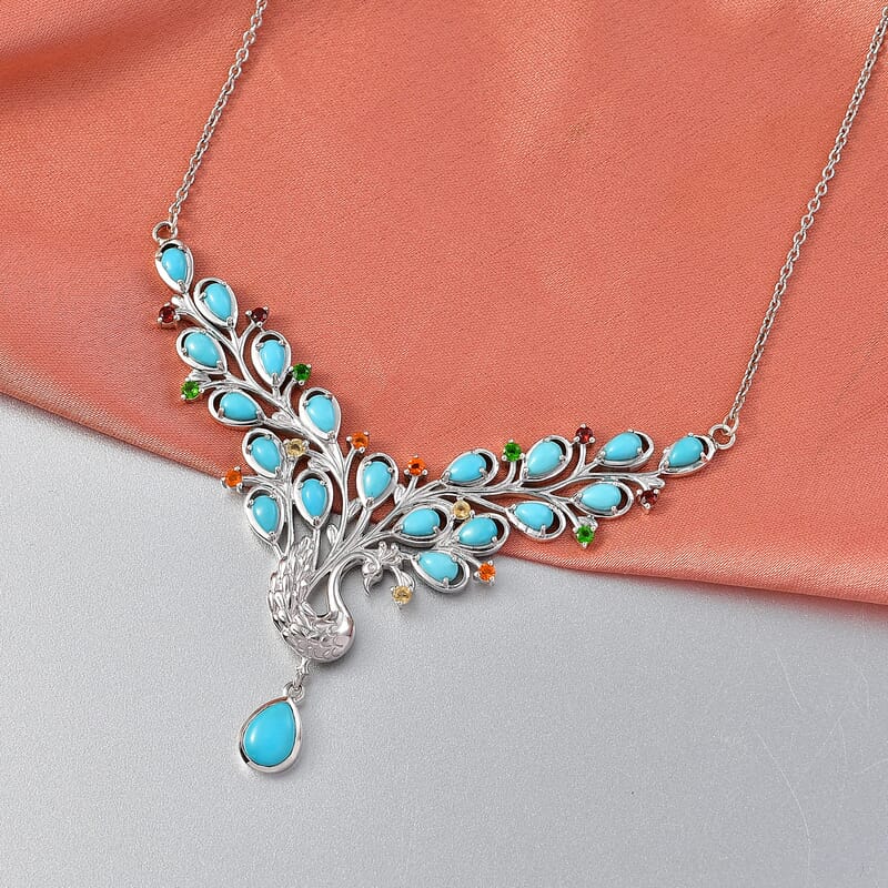 D'Joy Sleeping Beauty Turquoise and Multi Gemstone 5.30 ctw Necklace (20 Inches) in Rhodium Over Sterling Silver
