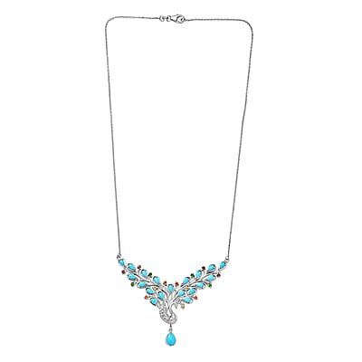 D'Joy Sleeping Beauty Turquoise and Multi Gemstone 5.30 ctw Necklace (20 Inches) in Rhodium Over Sterling Silver