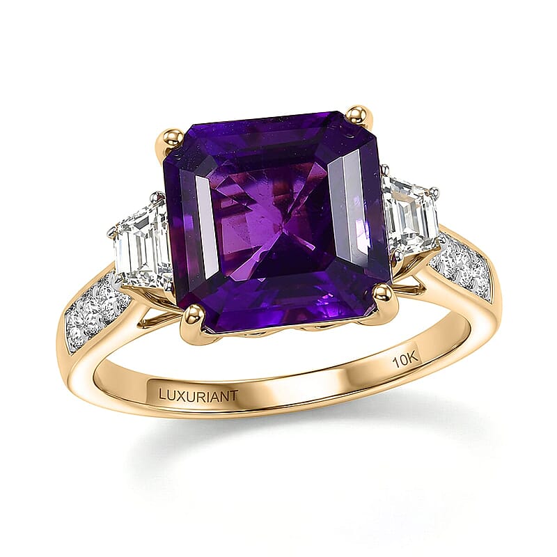 AAA Lusaka Amethyst and Luxuriant Lab Grown Diamond G-H SI 6.80 ctw Ring in 10K Yellow Gold (Size 12.0)