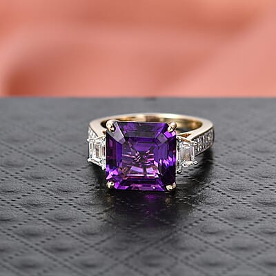 AAA Lusaka Amethyst and Luxuriant Lab Grown Diamond G-H SI 6.80 ctw Ring in 10K Yellow Gold (Size 7.0)