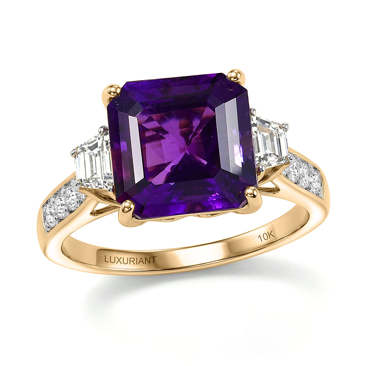 Valentine Special Deal 10K Yellow Gold AAA Lusaka Amethyst, Luxuriant Lab Grown Diamond (G-H, SI) (0.80 cts) Ring (Size 10.0) 6.80 ctw