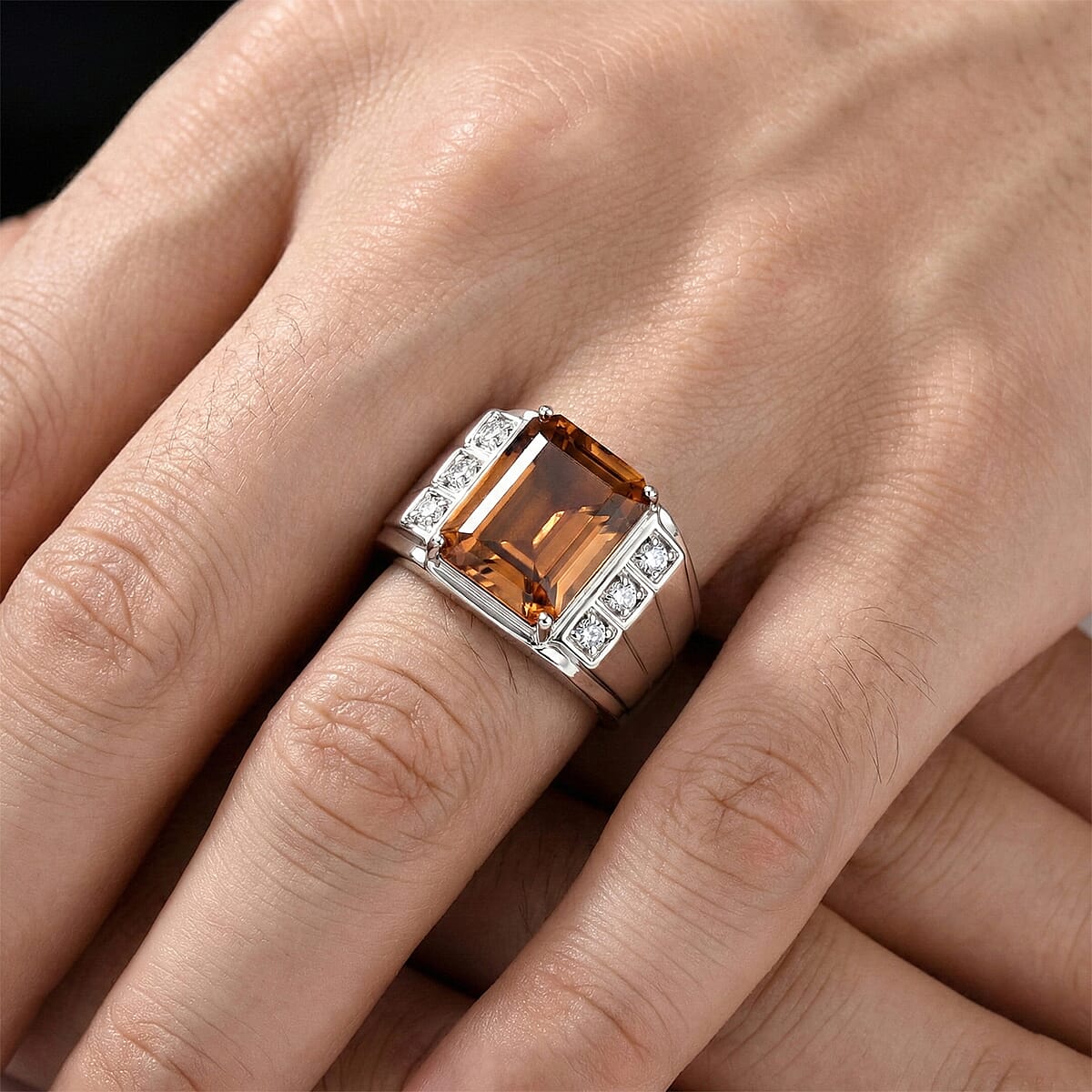 EverTrue Autumn Alexite and White Zircon 6.25 ctw Men's Ring in Platinum Bond (Size 12.0) image number 2