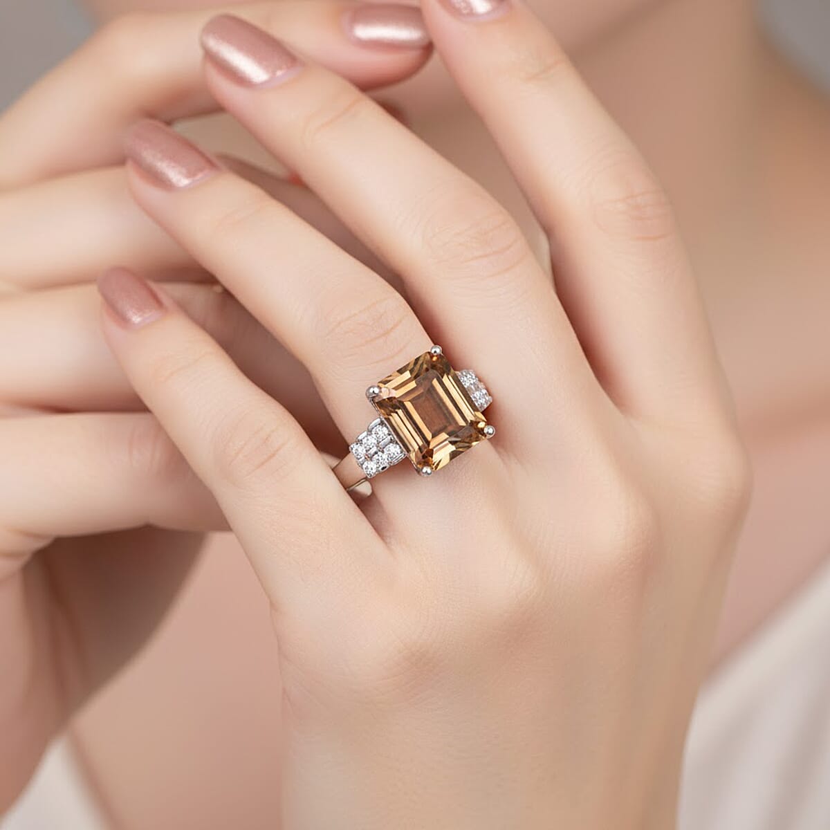 EverTrue Autumn Alexite and White Zircon 3.60 ctw Sunset Pillar Ring in Platinum Bond (Size 10.0) image number 2