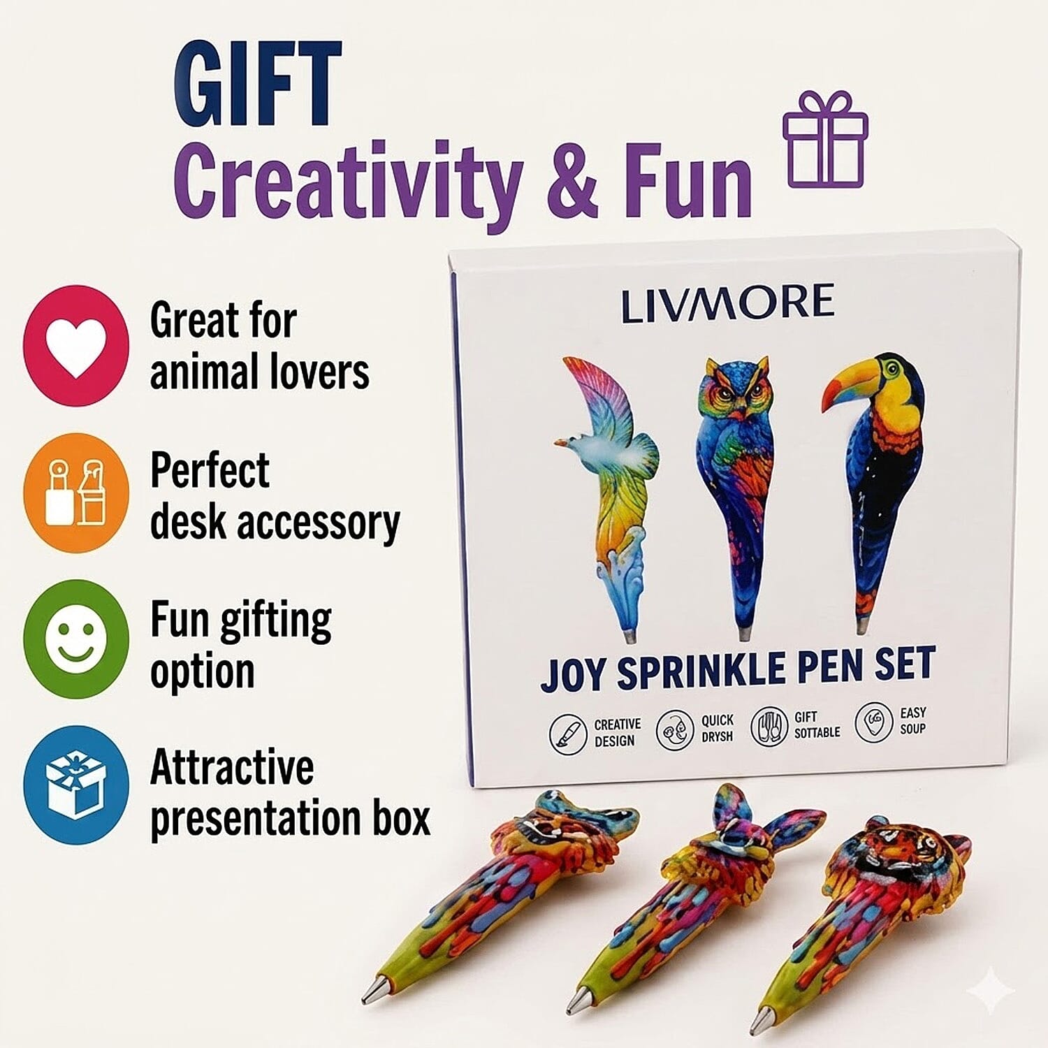 Livmore Multi Color Animal Designs Set of 3 Polyresin Pens