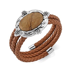 Picture Jasper Beaded Leather Bracelet in Silvertone (7.50 In)