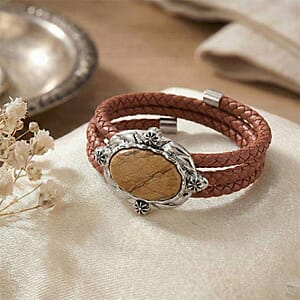 Picture Jasper Beaded Leather Bracelet in Silvertone (7.50 In)