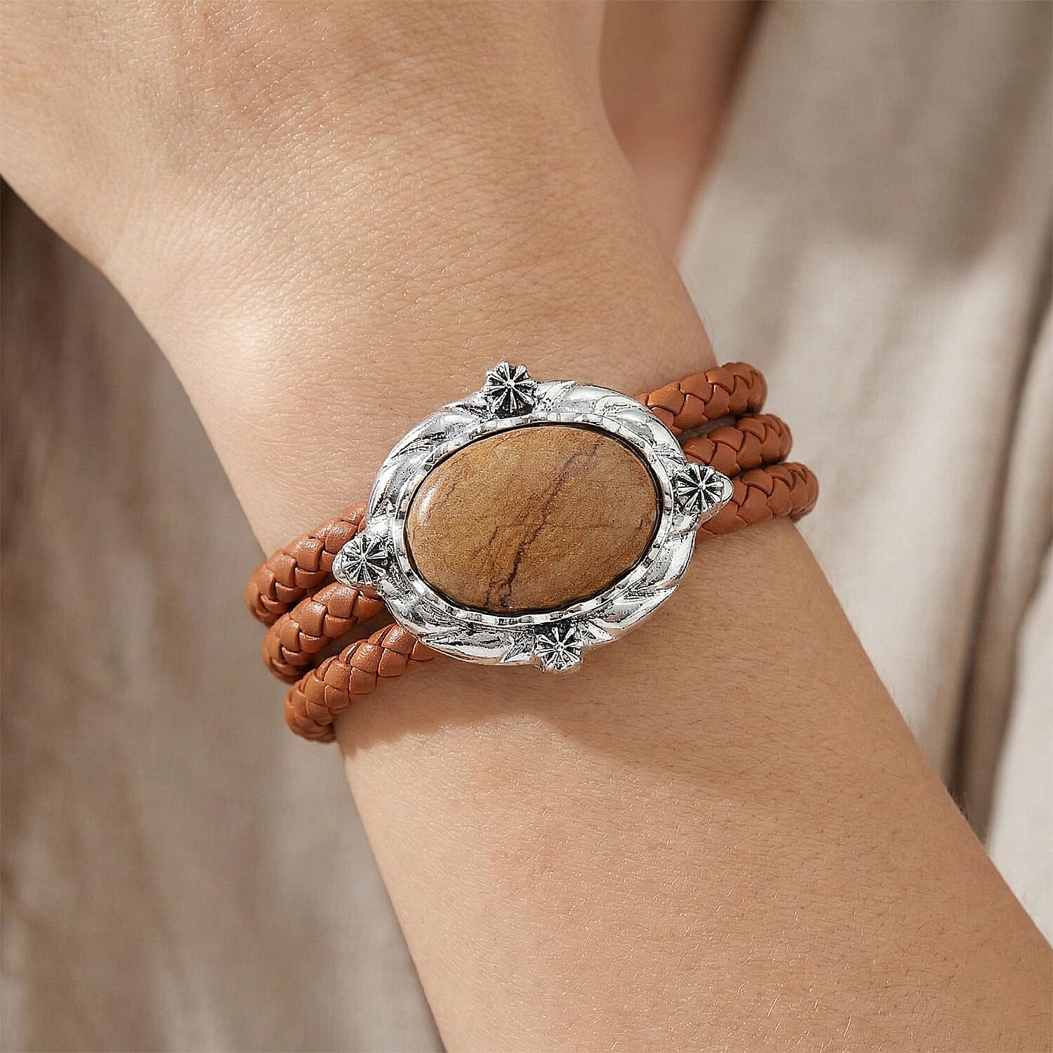 Picture Jasper Beaded Leather Bracelet in Silvertone (7.50 In)