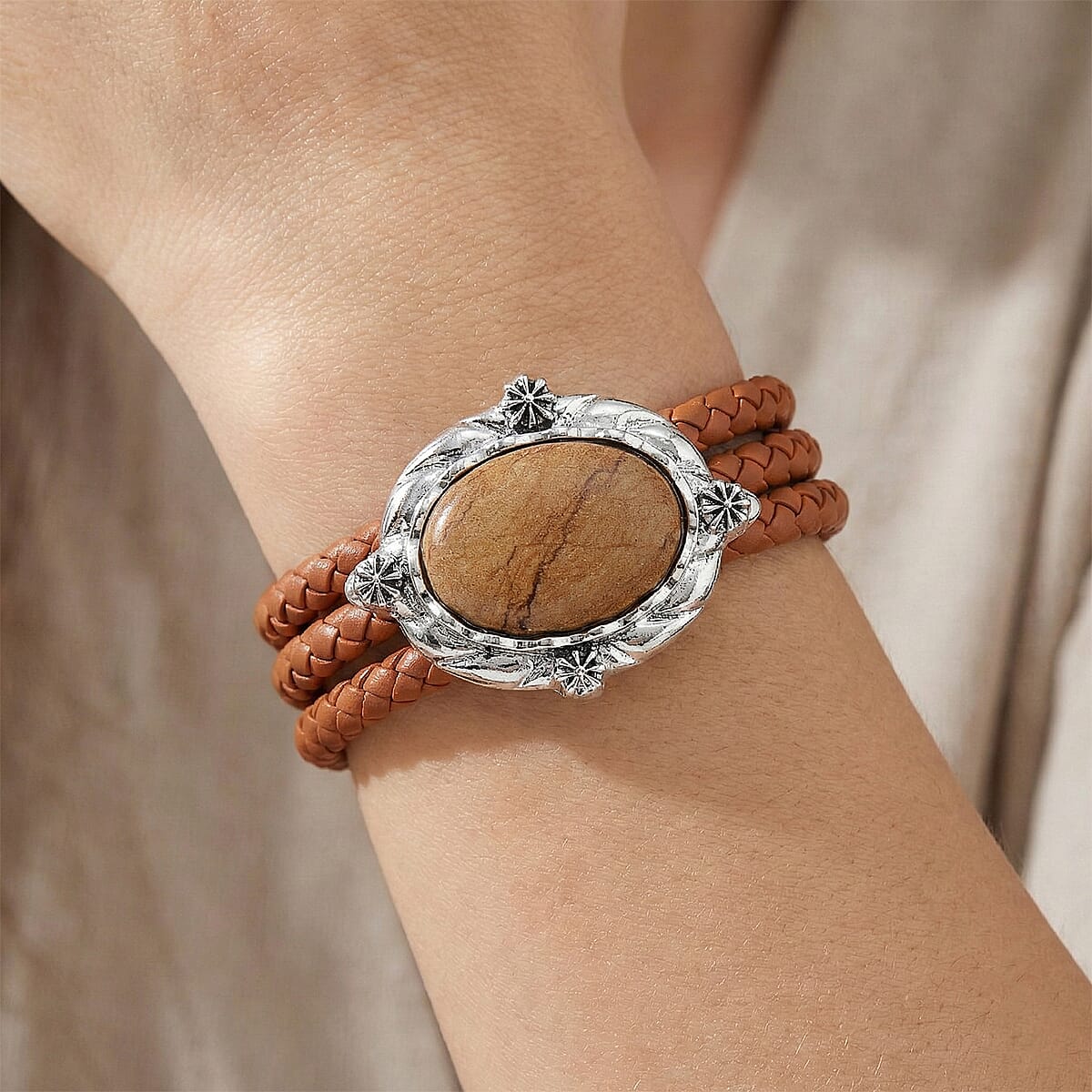 Picture Jasper Beaded Leather Bracelet in Silvertone (7.50 In) image number 2