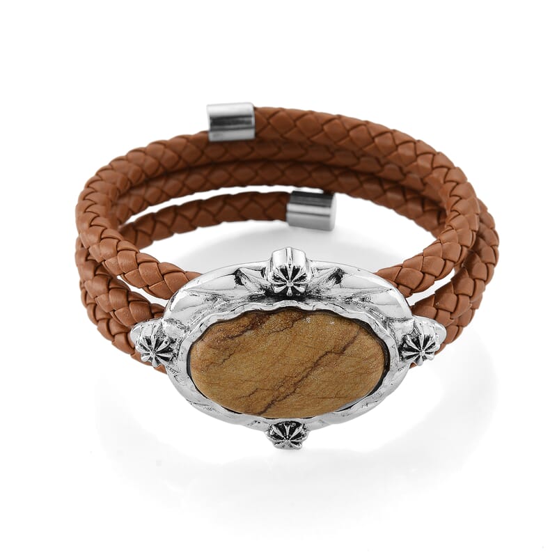 Picture Jasper Leather Bracelet in Silvertone (7.50 In)