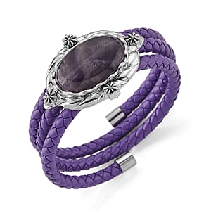 African Amethyst Beaded Leather Bracelet in Silvertone (7.50 In)