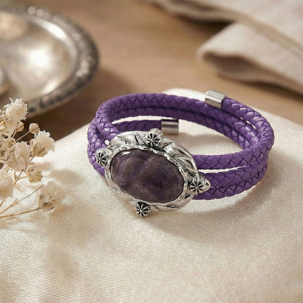 African Amethyst Beaded Leather Bracelet in Silvertone (7.50 In) image number 1