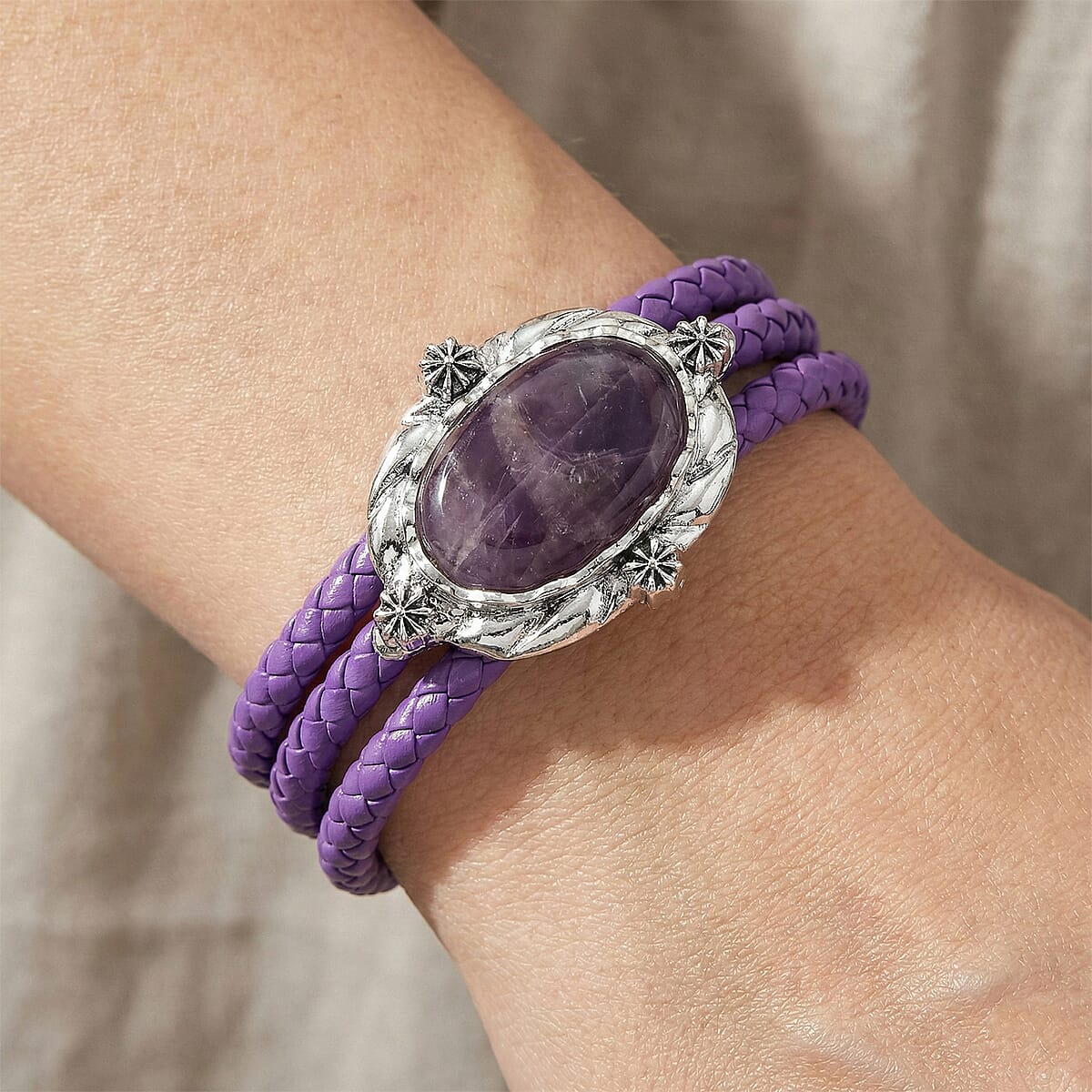 African Amethyst Beaded Leather Bracelet in Silvertone (7.50 In) image number 2