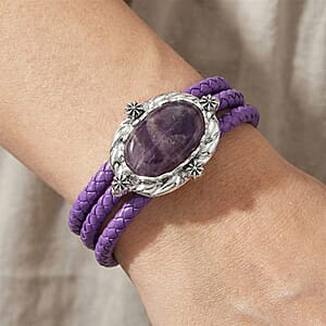 African Amethyst Beaded Leather Bracelet in Silvertone (7.50 In)