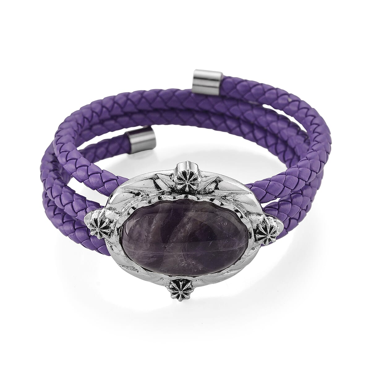 African Amethyst Beaded Leather Bracelet in Silvertone (7.50 In) image number 3