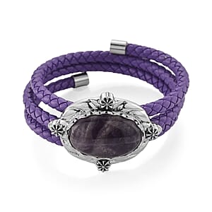 African Amethyst Beaded Leather Bracelet in Silvertone (7.50 In)