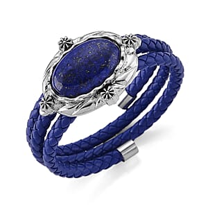 Lapis Lazuli Beaded Leather Bracelet in Silvertone (7.50 In)