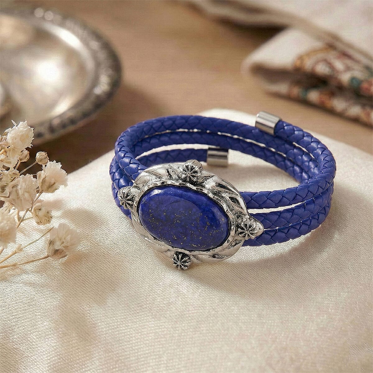 Lapis Lazuli Beaded Leather Bracelet in Silvertone (7.50 In) image number 1