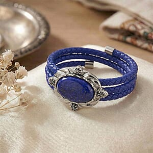 Lapis Lazuli Beaded Leather Bracelet in Silvertone (7.50 In)