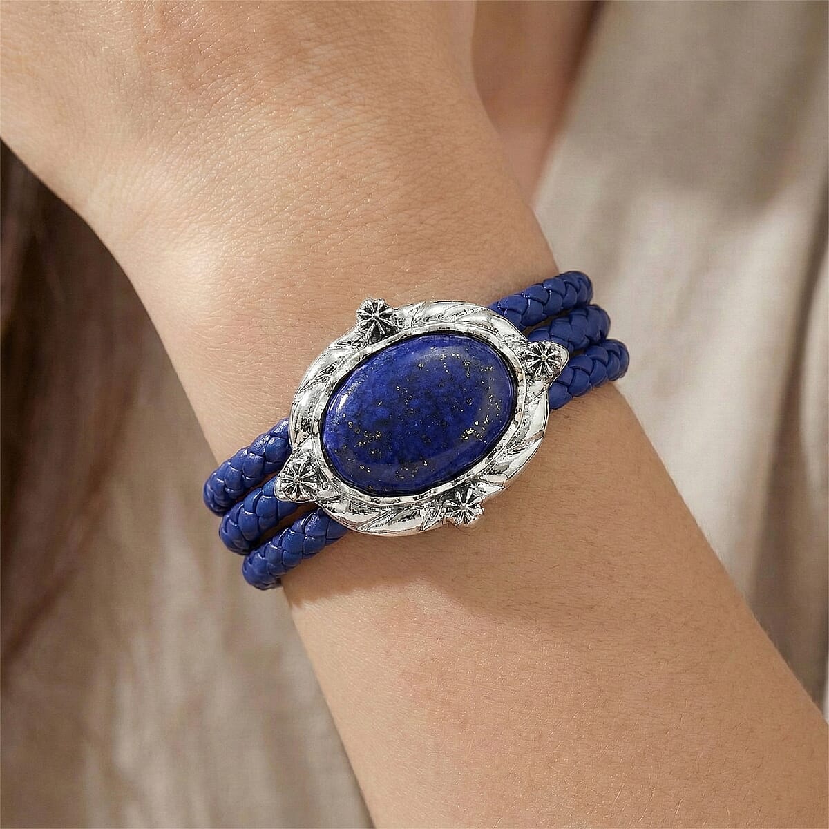 Lapis Lazuli Beaded Leather Bracelet in Silvertone (7.50 In) image number 2