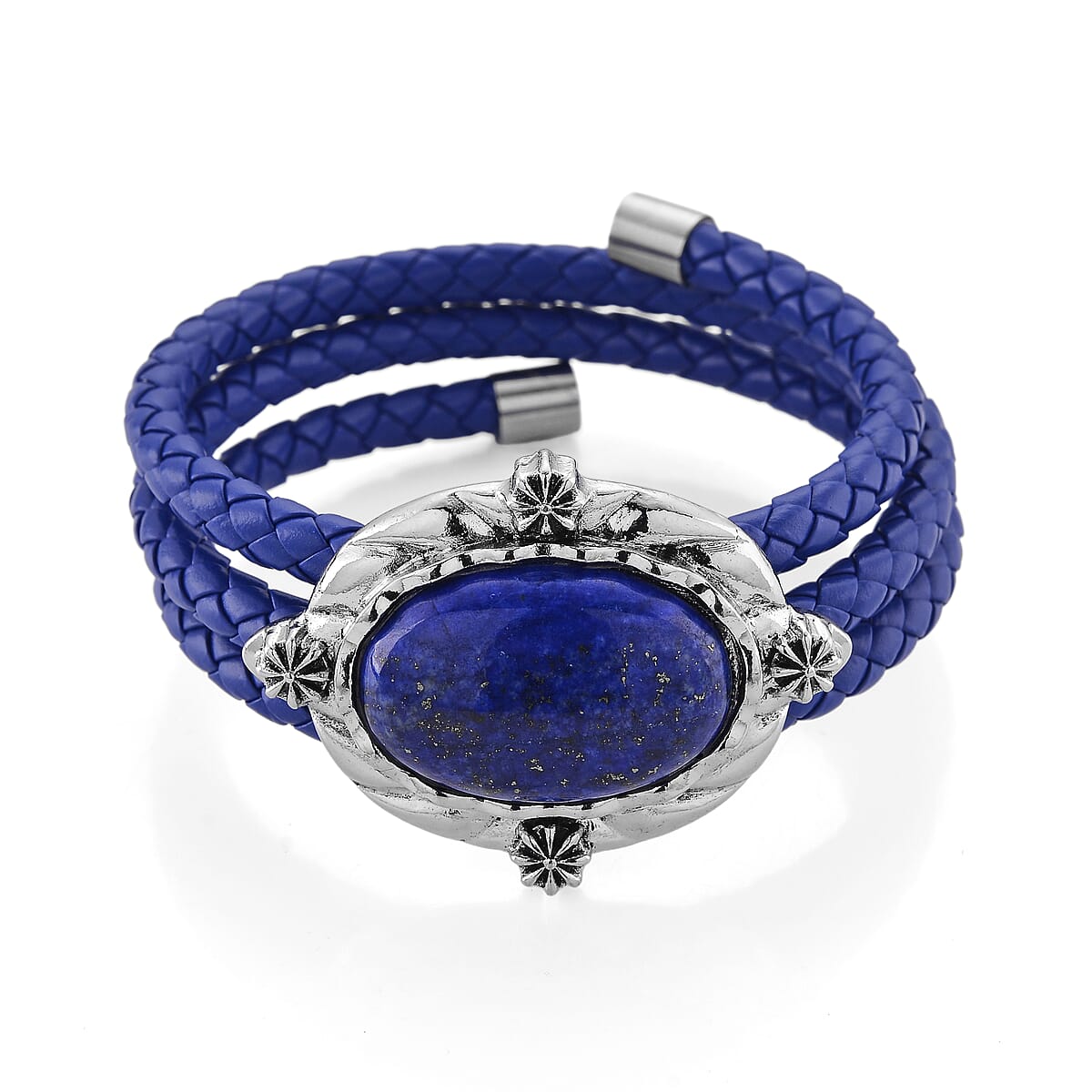Lapis Lazuli Beaded Leather Bracelet in Silvertone (7.50 In) image number 3