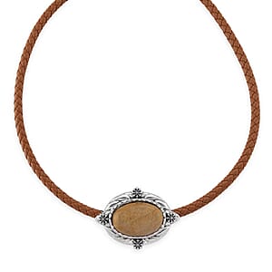 Picture Jasper Leather Necklace (20-22 Inches) in Silvertone