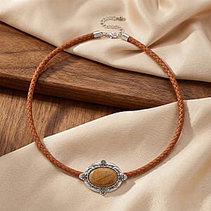 Picture Jasper Leather Necklace (20-22 Inches) in Silvertone