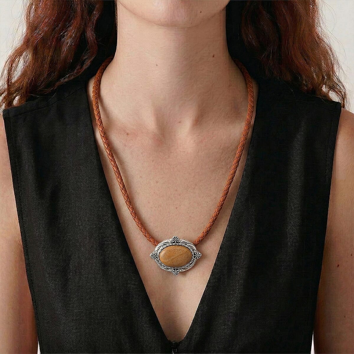 Picture Jasper Leather Necklace (20-22 Inches) in Silvertone image number 2