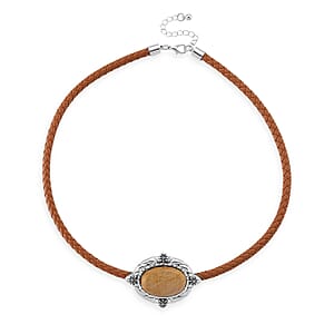 Picture Jasper Leather Necklace (20-22 Inches) in Silvertone