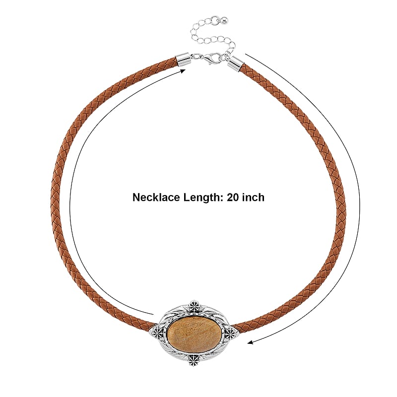 Picture Jasper Leather Necklace (20-22 Inches) in Silvertone