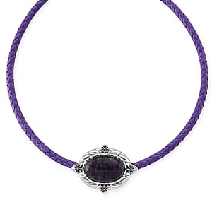African Amethyst Leather Necklace (20-22 Inches) in Silvertone