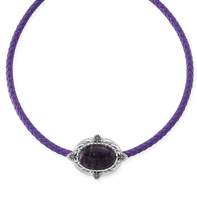 African Amethyst Leather Necklace (20-22 Inches) in Silvertone