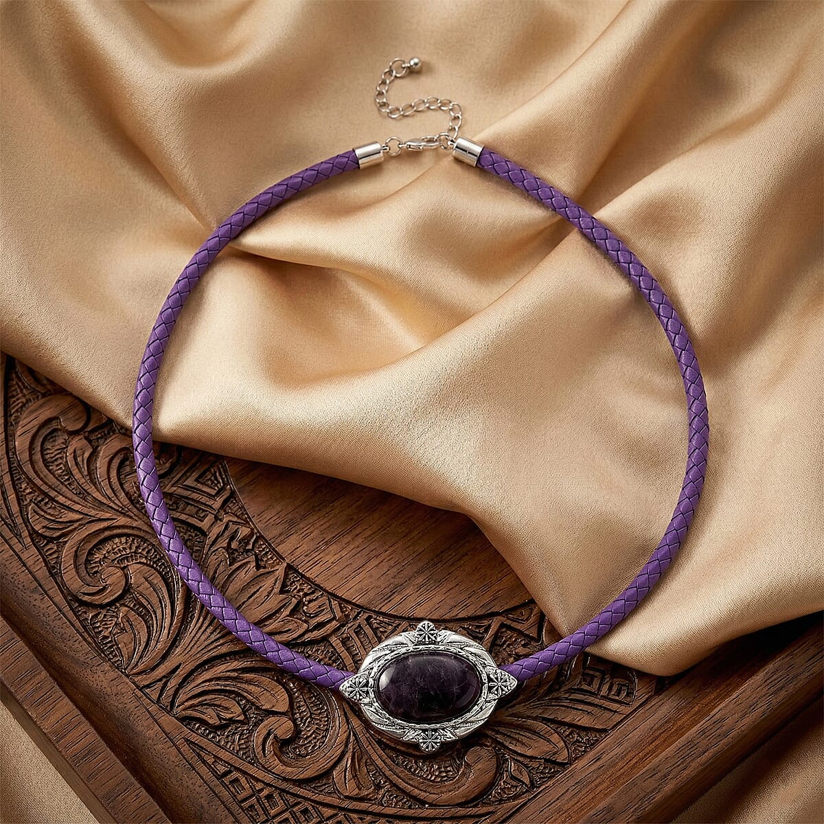 African Amethyst Leather Necklace (20-22 Inches) in Silvertone image number 1