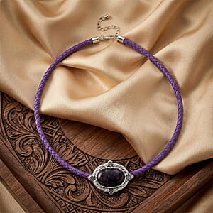 African Amethyst Leather Necklace (20-22 Inches) in Silvertone