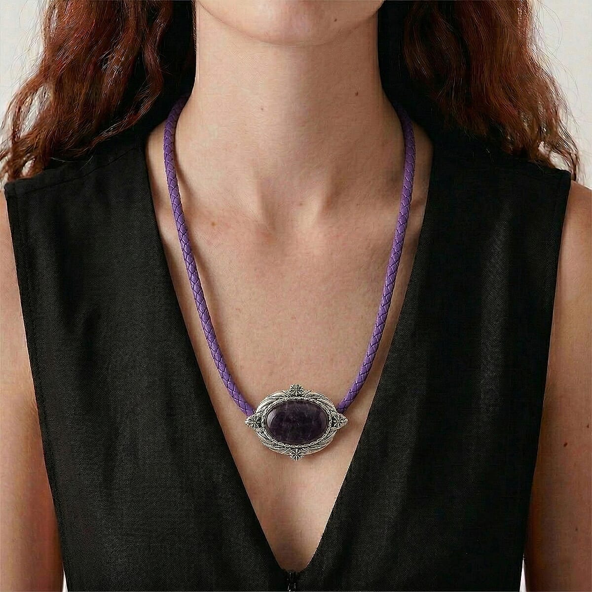 African Amethyst Leather Necklace (20-22 Inches) in Silvertone image number 2