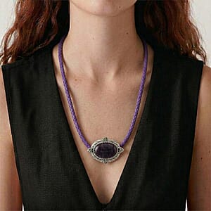 African Amethyst Leather Necklace (20-22 Inches) in Silvertone