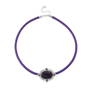 African Amethyst Leather Necklace (20-22 Inches) in Silvertone