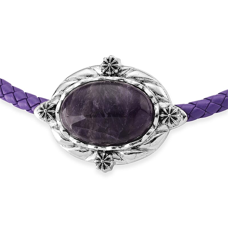 African Amethyst Leather Necklace (20-22 Inches) in Silvertone