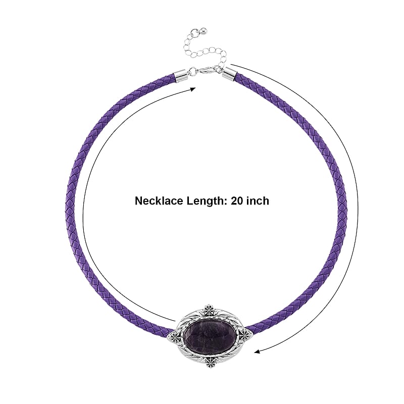 African Amethyst Leather Necklace (20-22 Inches) in Silvertone
