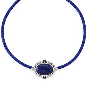 Lapis Lazuli Leather Necklace (20-22 Inches) in Silvertone