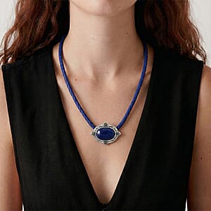 Lapis Lazuli Leather Necklace (20-22 Inches) in Silvertone