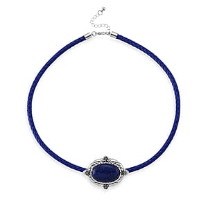 Lapis Lazuli Leather Necklace (20-22 Inches) in Silvertone